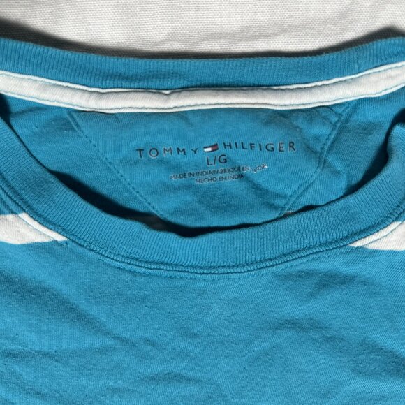 Tommy Hilfiger Sz L Turquoise Blue T-Shirt w/White Stripes L/L Round Neckline - Picture 4 of 7